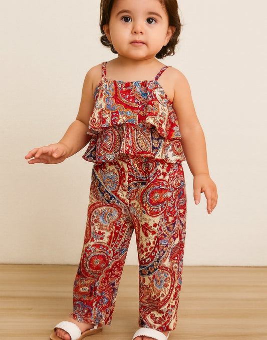 Child wearing a red and blue patterned Ruffle Hem Cami Top and Wide Leg Pants Set on a plain background