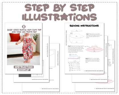 Baby Girl Ruffle Hem Cami Top and Wide Leg Pants Set sewing pattern step by step illustrations.