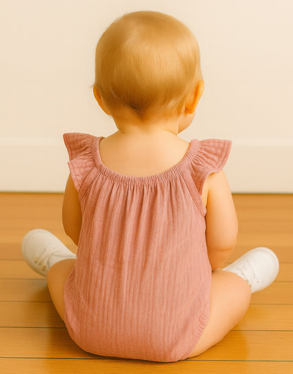Back view of baby wearing a pink Ruffled Bodysuit Onesie and white shoes sitting down on wood floor with plain background.