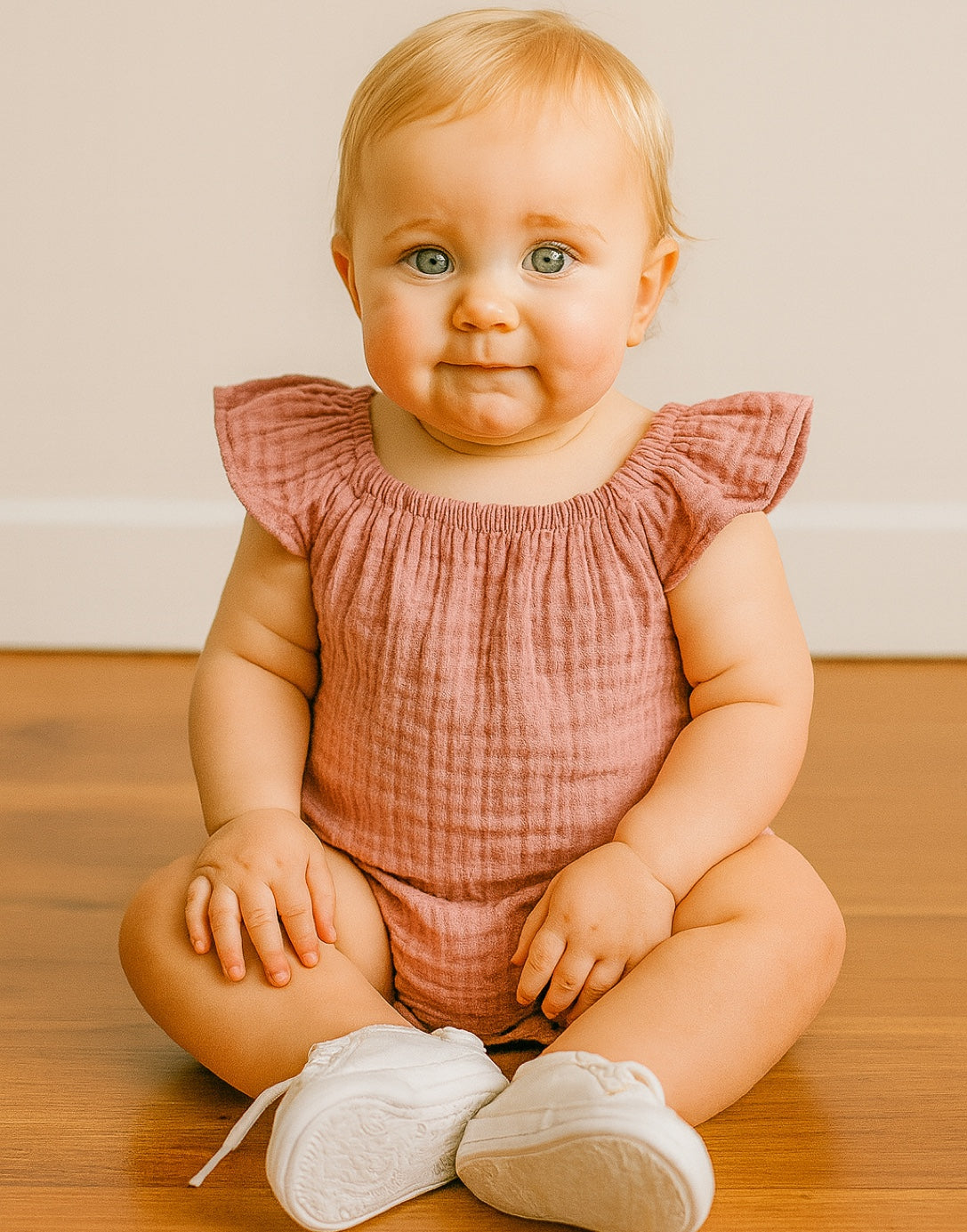 Baby wearing a pink Ruffled Bodysuit Onesie and white shoes sitting down on wood floor with plain background.