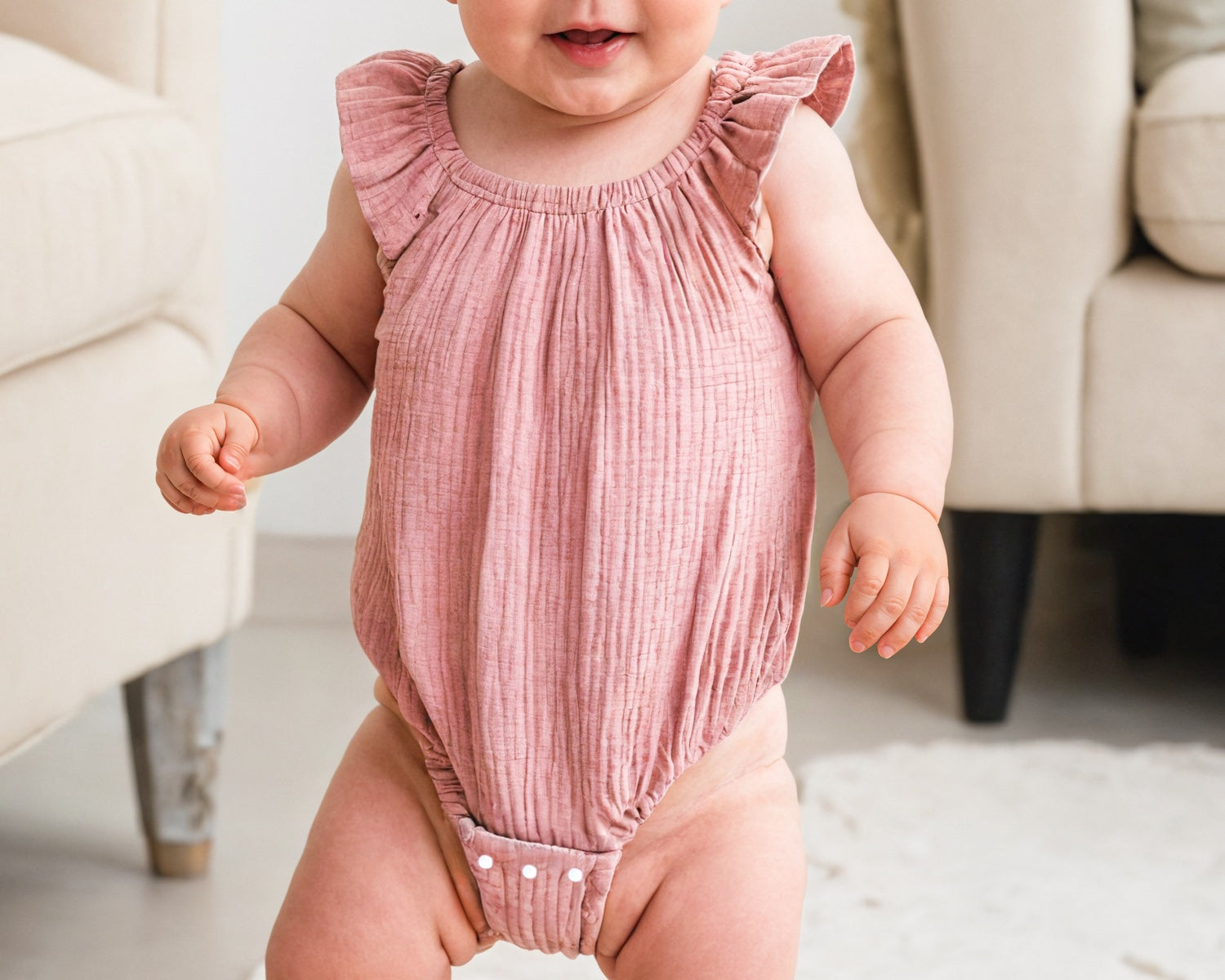 Front view of Baby Girl Ruffled Bodysuit Onesie.