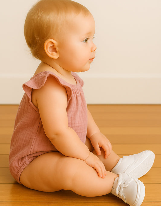 Side view of baby wearing a pink Ruffled Bodysuit Onesie and white shoes sitting down on wood floor with plain background.
