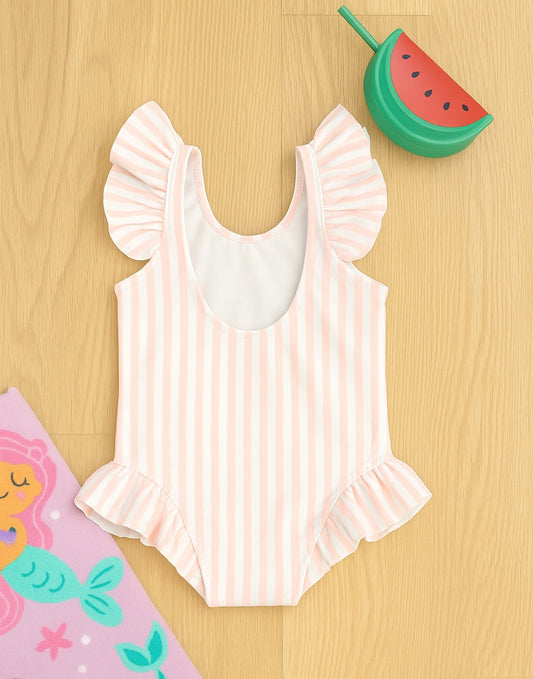 Back view of striped one piece swimsuit with ruffled details on a wooden surface.