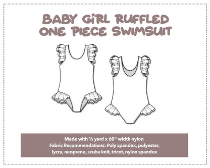 Illustration and detailed description for Baby Girl Ruffled One Piece Swimsuit sewing pattern.