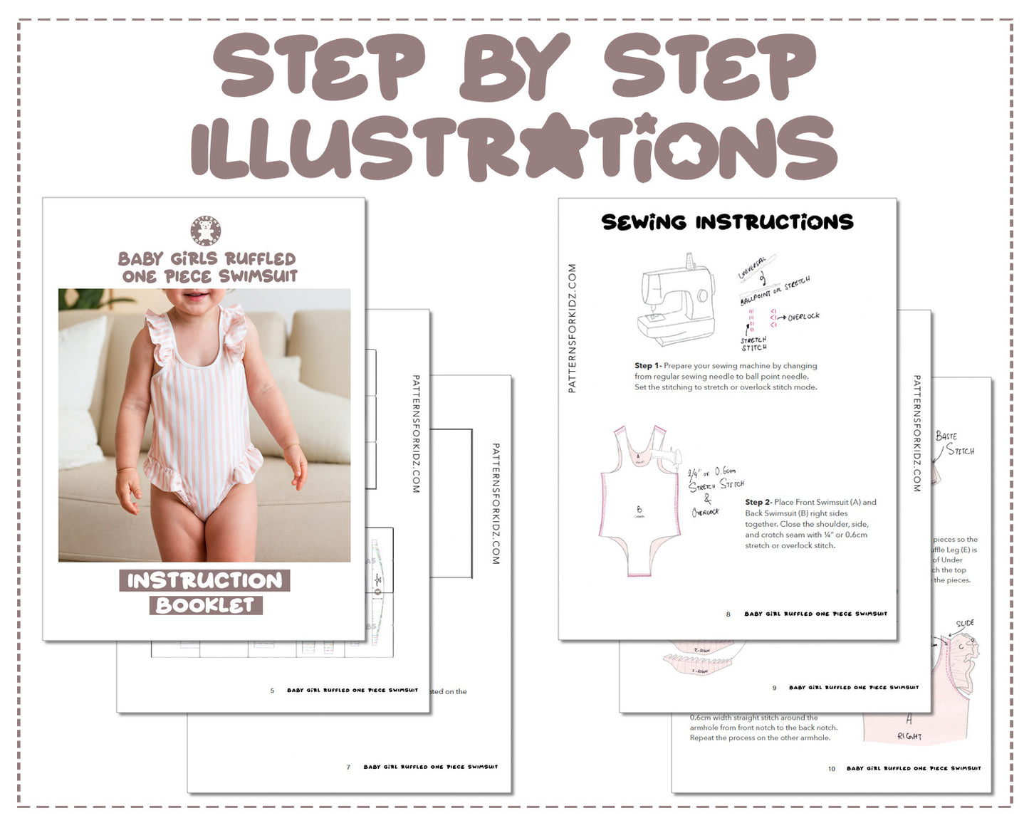 Baby Girl Ruffled One Piece Swimsuit sewing pattern step by step illustrations.