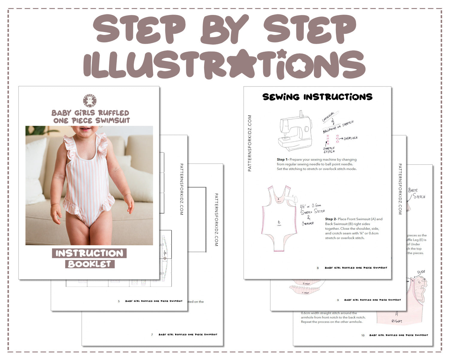 Baby Girl Ruffled One Piece Swimsuit sewing pattern step by step illustrations.