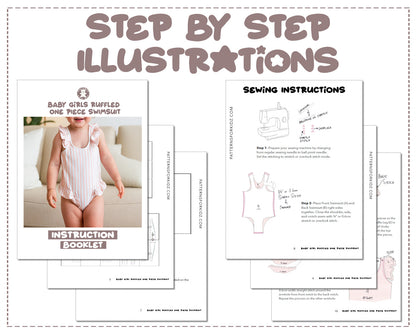 Baby Girl Ruffled One Piece Swimsuit sewing pattern step by step illustrations.