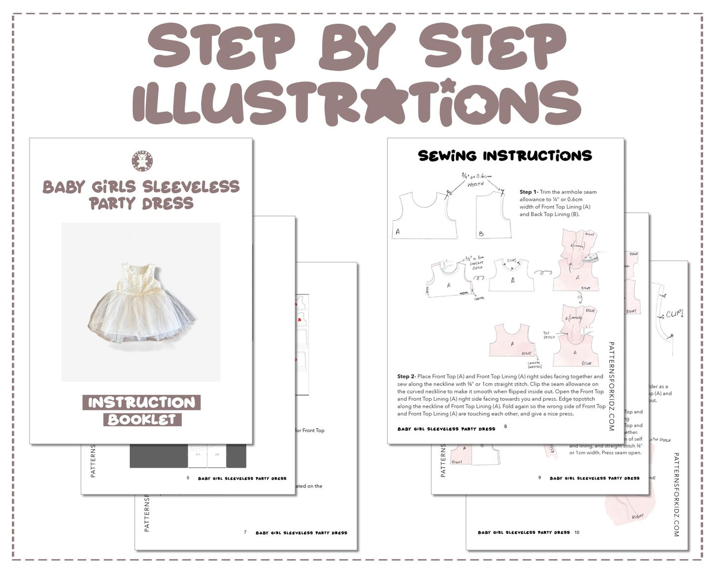 Baby Girl Sleeveless Party Dress sewing pattern step by step illustrations.