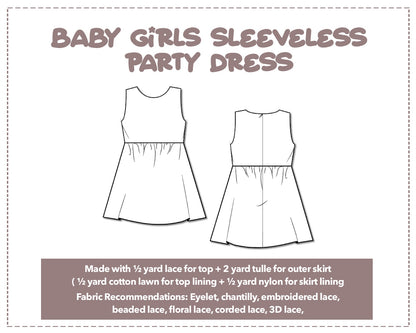 Illustration and detailed description for Baby Girl Sleeveless Party Dress sewing pattern.