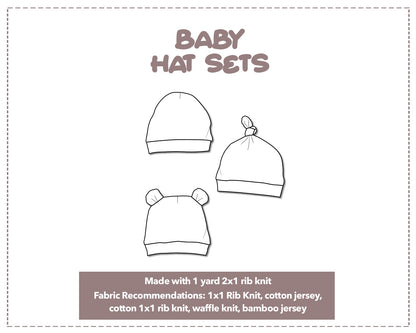 Illustration and detailed description for Baby Hat Set sewing pattern.