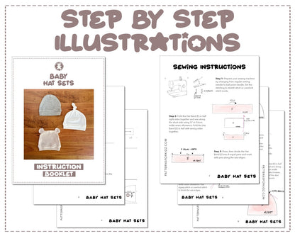 Baby Hat Set sewing pattern step by step illustrations.