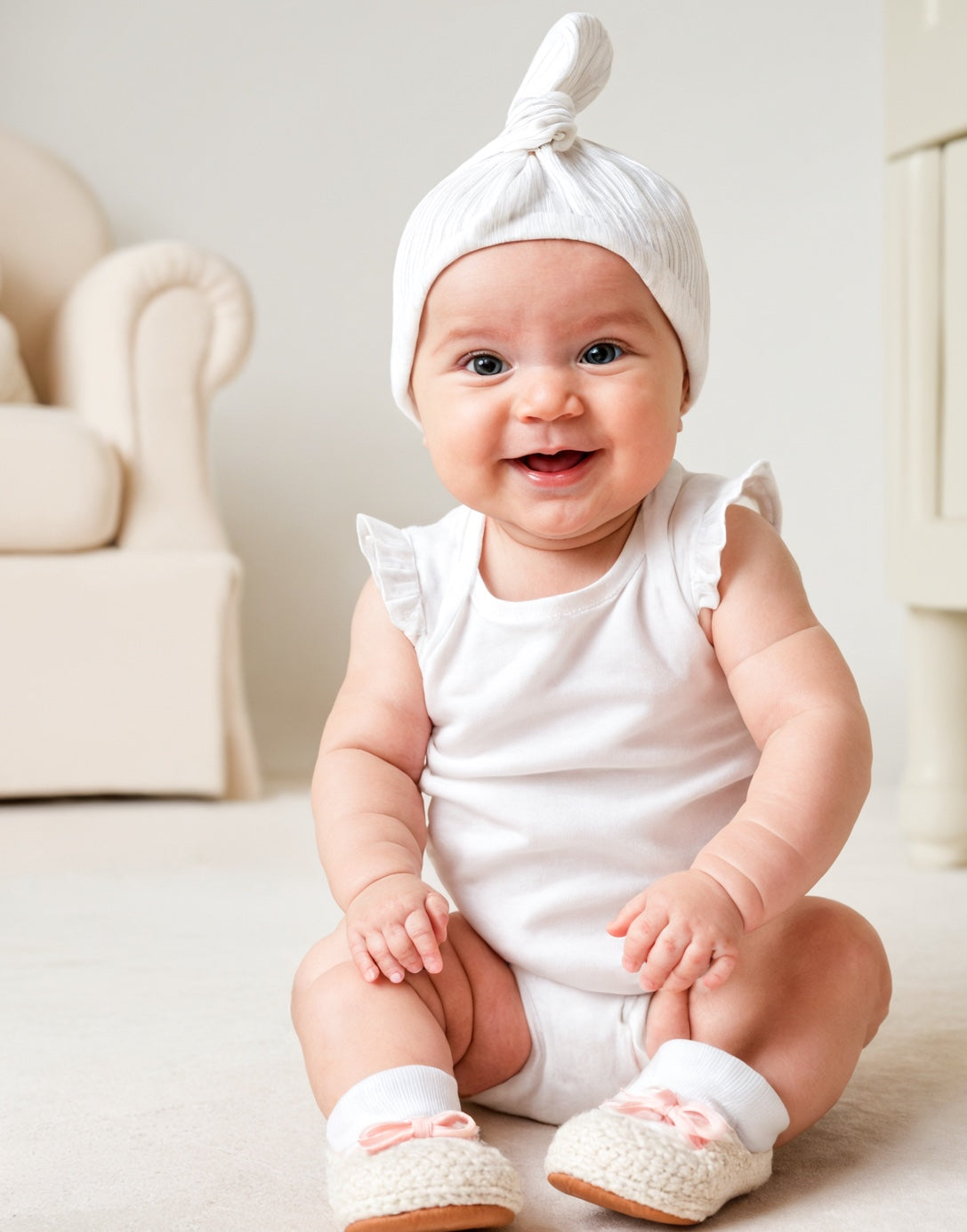 A baby wearing a white Knot Top Baby Hat, sitting on a cozy white surface.