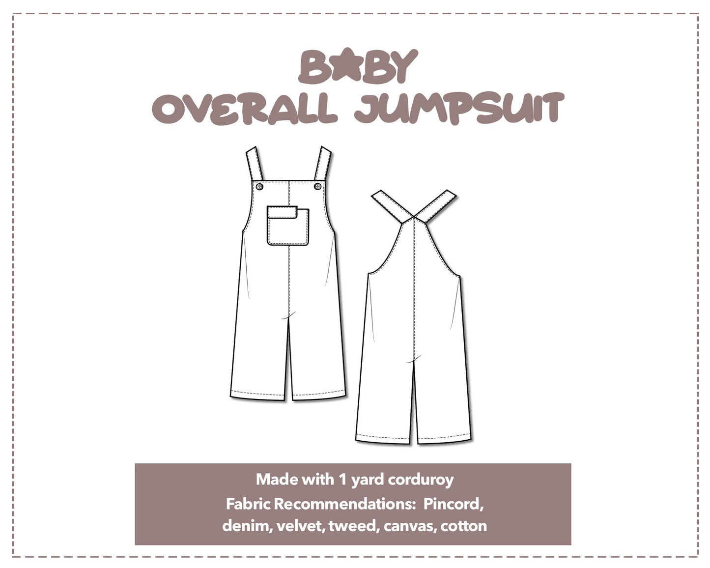 Illustration and detailed description for Baby Flap Pocket Overall Jumpsuit sewing pattern.