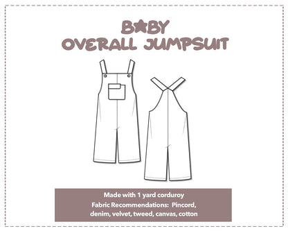 Illustration and detailed description for Baby Flap Pocket Overall Jumpsuit sewing pattern.