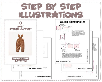 Baby Flap Pocket Overall Jumpsuit sewing pattern step by step illustrations.