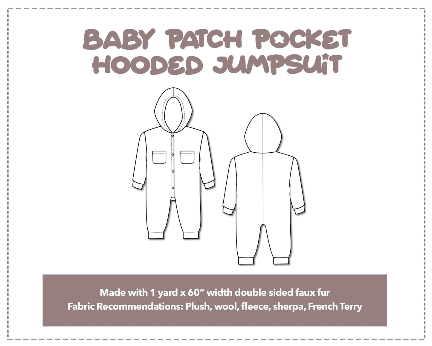 Illustration and detailed description for Baby Patch Pocket Hooded Jumpsuit sewing pattern.