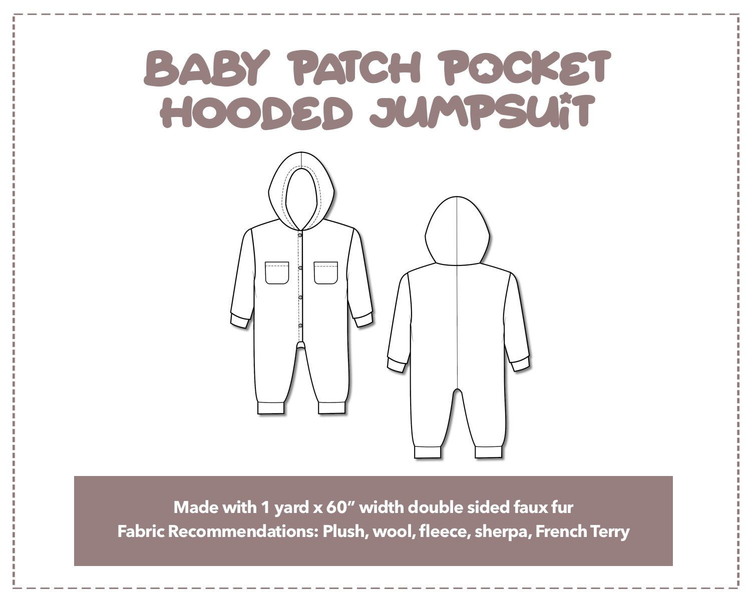 Illustration and detailed description for Baby Patch Pocket Hooded Jumpsuit sewing pattern.