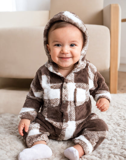 Closeup of Baby Patch Pocket Hooded Jumpsuit.