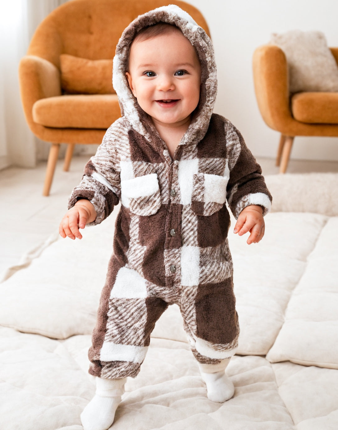 Front view of Baby Patch Pocket Hooded Jumpsuit.