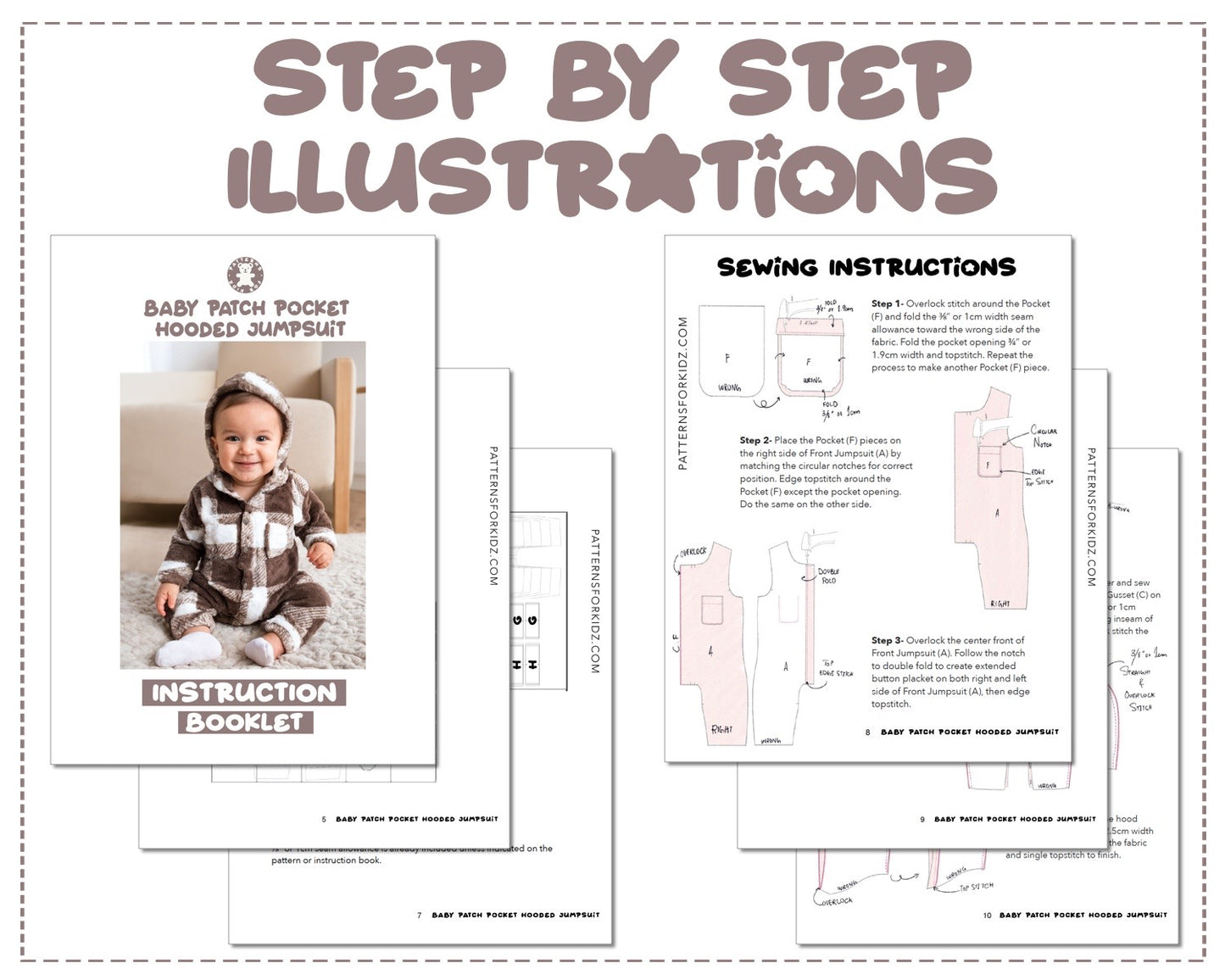 Baby Patch Pocket Hooded Jumpsuit sewing pattern step by step illustrations.