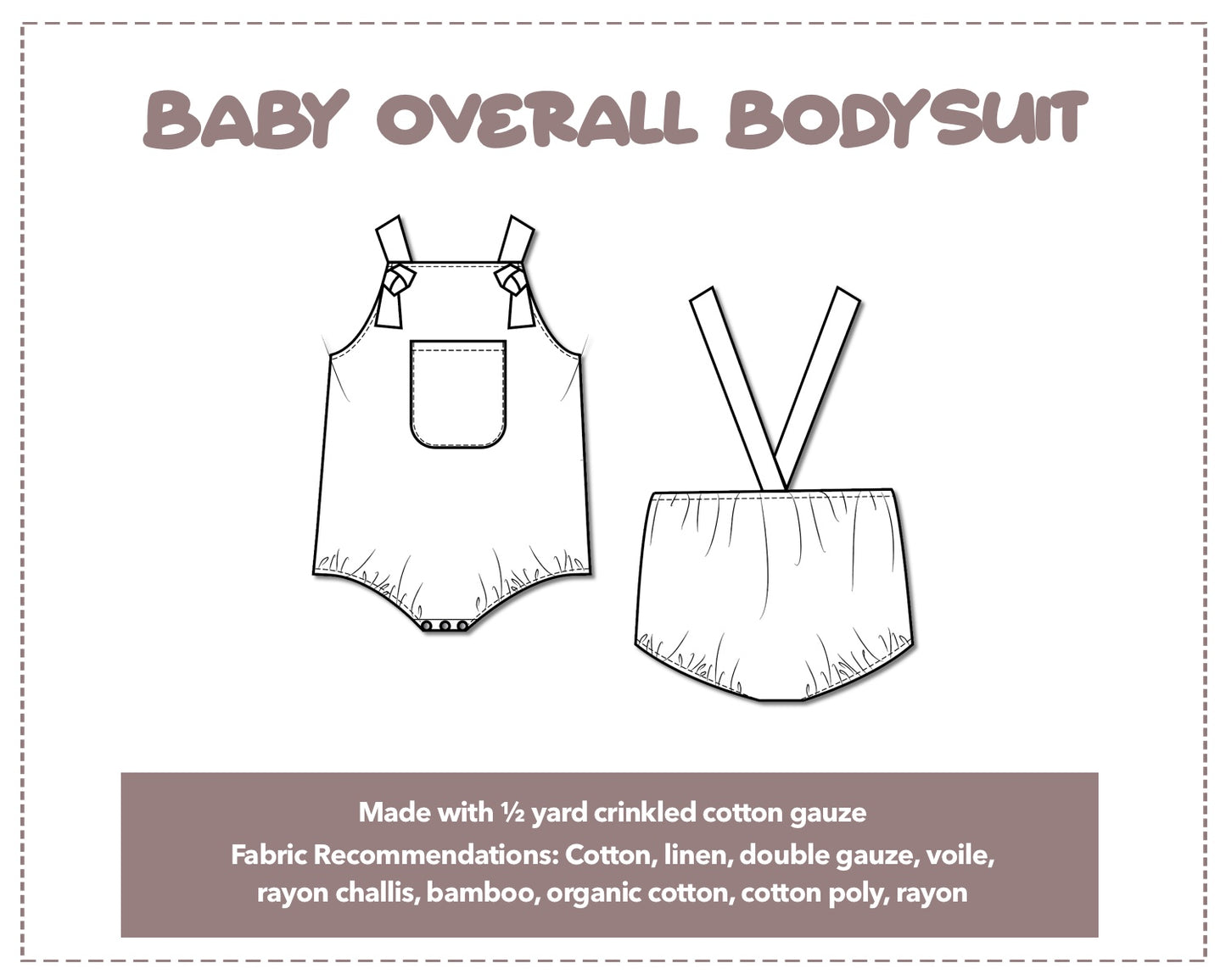 Illustration and detailed description for Baby Patch Pocket Romper sewing pattern.