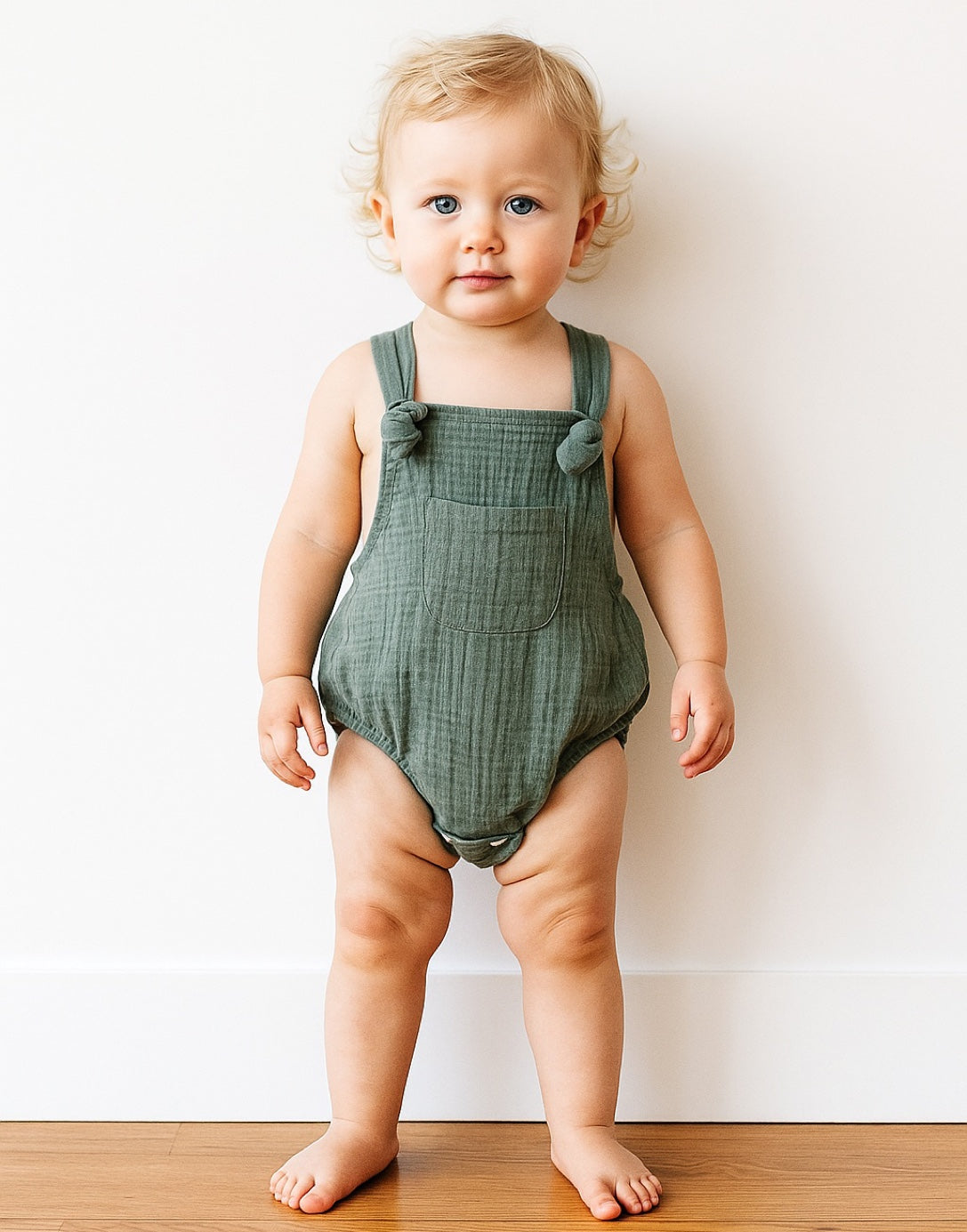 Baby wearing a green Patch Pocket Overall Romper in front on a plain white background.