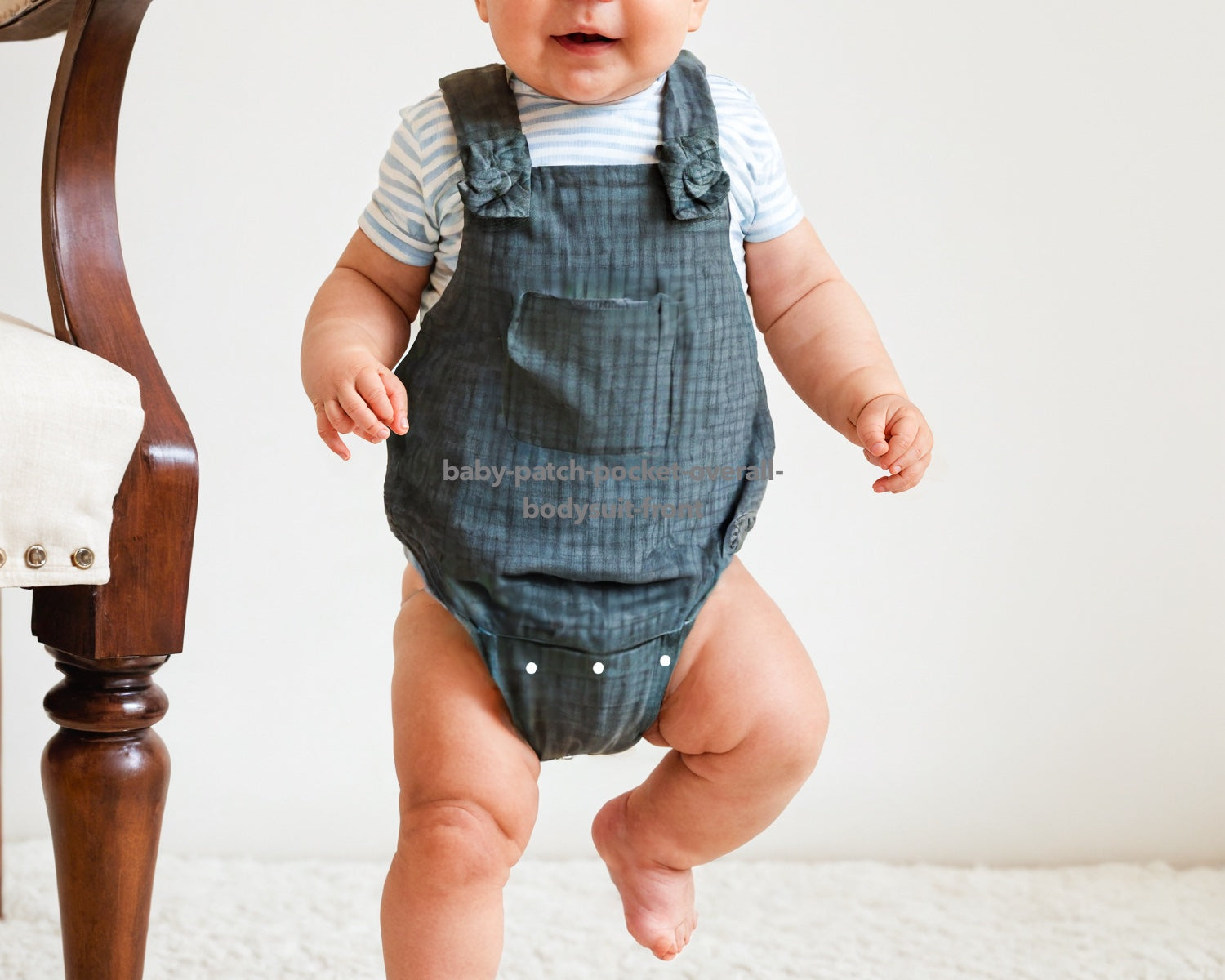 Front view of Baby Patch Pocket Overall Bodysuit.