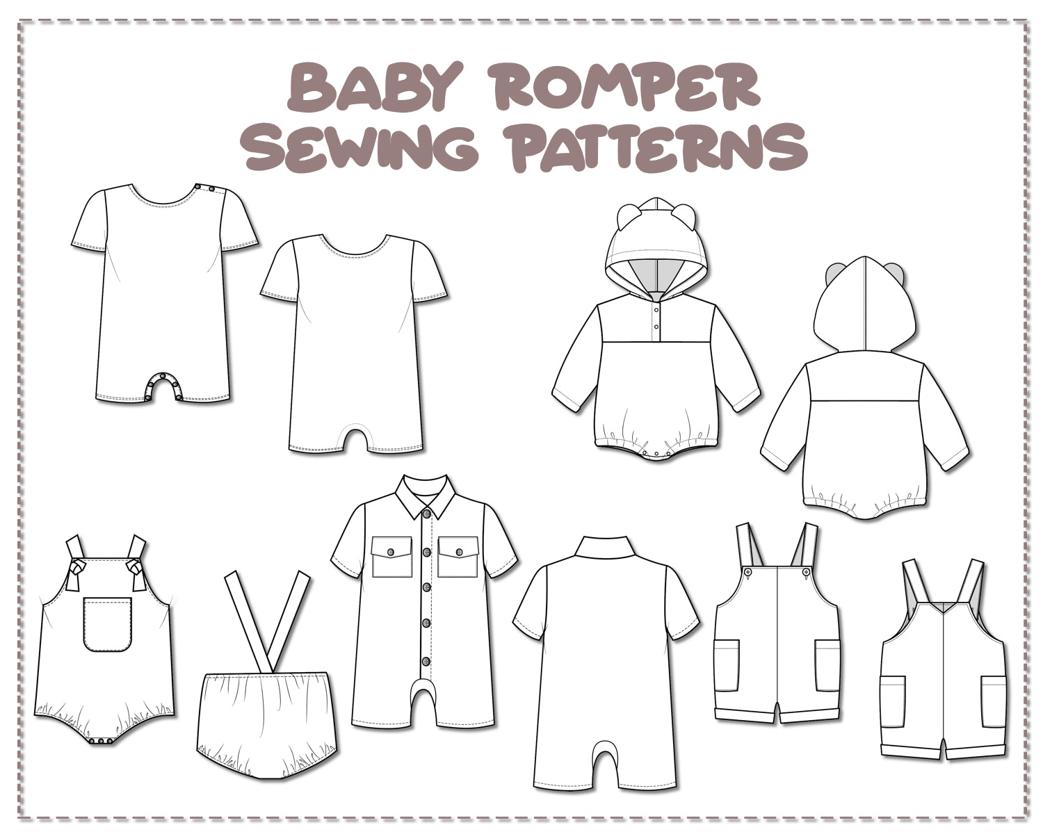 Illustration and detailed description for Baby Romper sewing pattern.