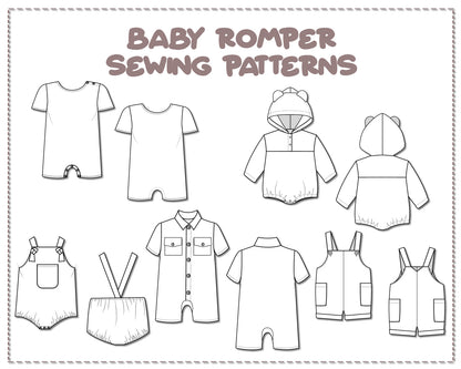 Illustration and detailed description for Baby Romper sewing pattern.