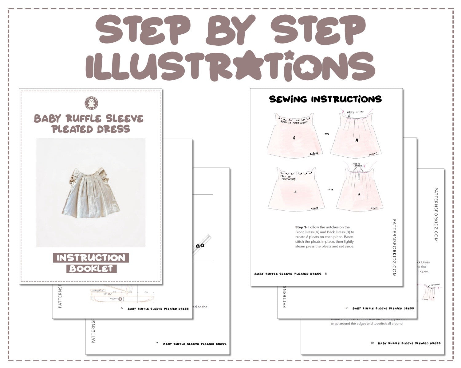 Baby Ruffle Sleeve Pleated Dress sewing pattern step by step illustrations.