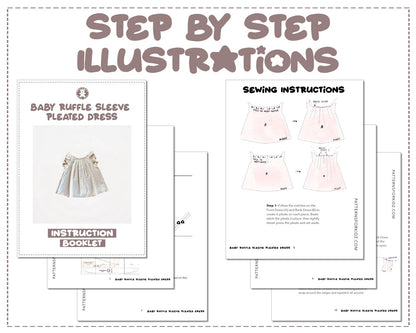 Baby Ruffle Sleeve Pleated Dress sewing pattern step by step illustrations.