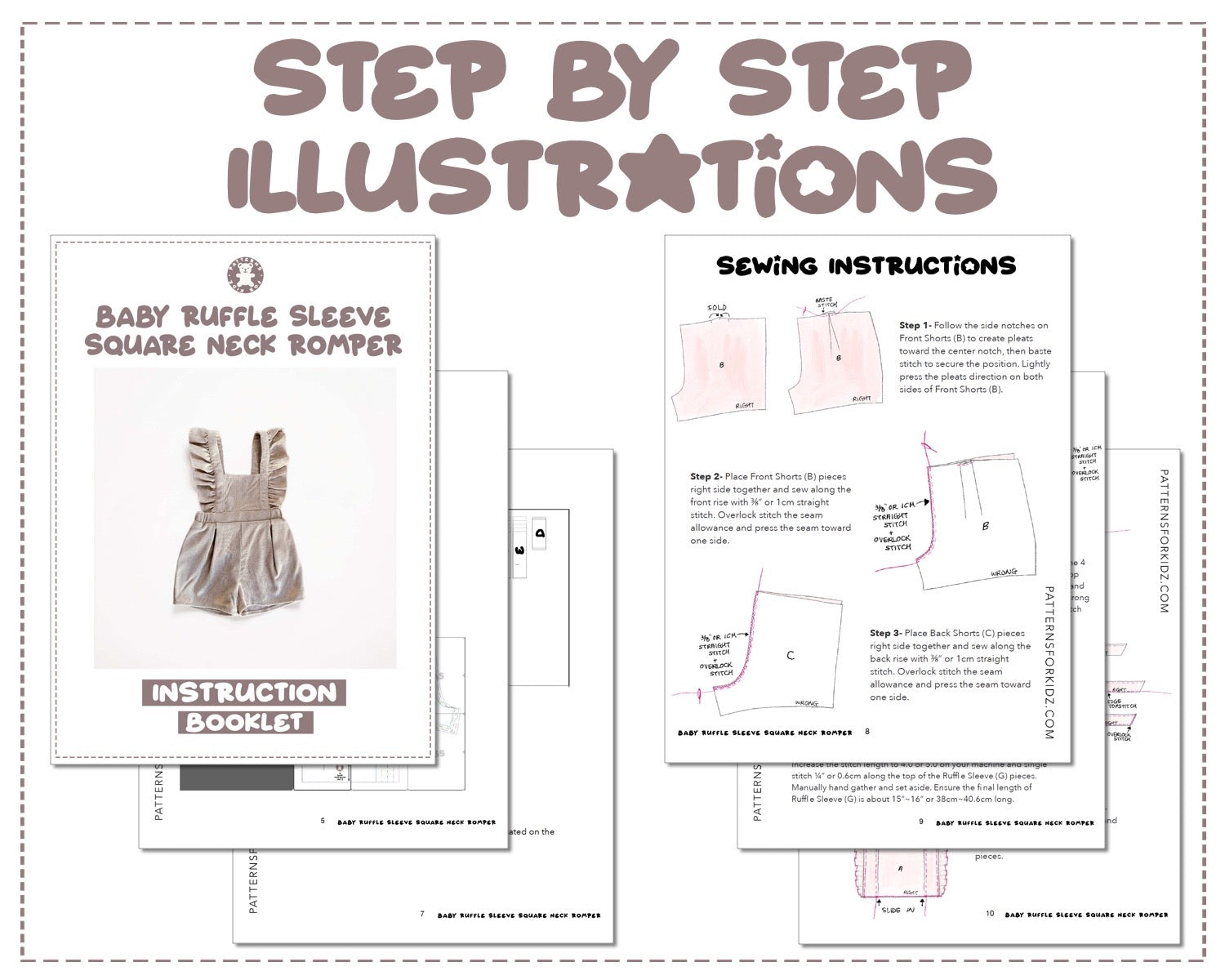 Baby Ruffle Sleeve Square Neck Romper  sewing pattern step by step illustrations.