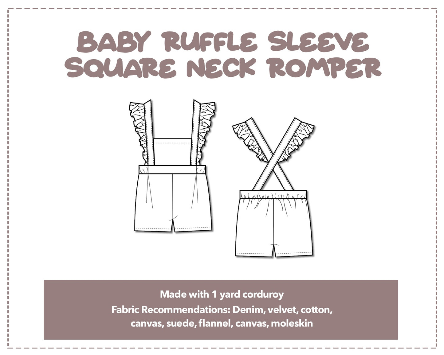 Illustration and detailed description for Baby Ruffle Sleeve Square Neck Romper  sewing pattern.