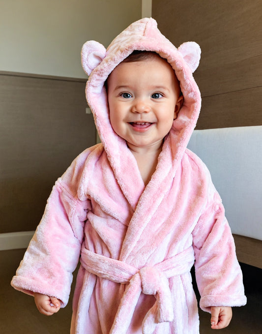 Front view of Baby Teddy Ear Hooded Bathrobe.