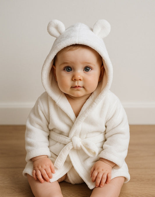 Baby wearing a white Teddy Ear Hooded Bathrobe with bear ears on a wooden floor.