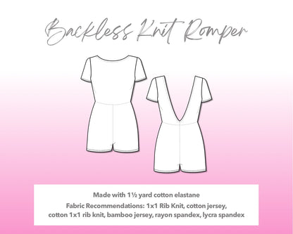 Illustration and detailed description for Backless Knit Romper sewing pattern.