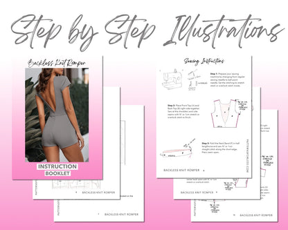 Backless Knit Romper sewing pattern step by step illustrations.