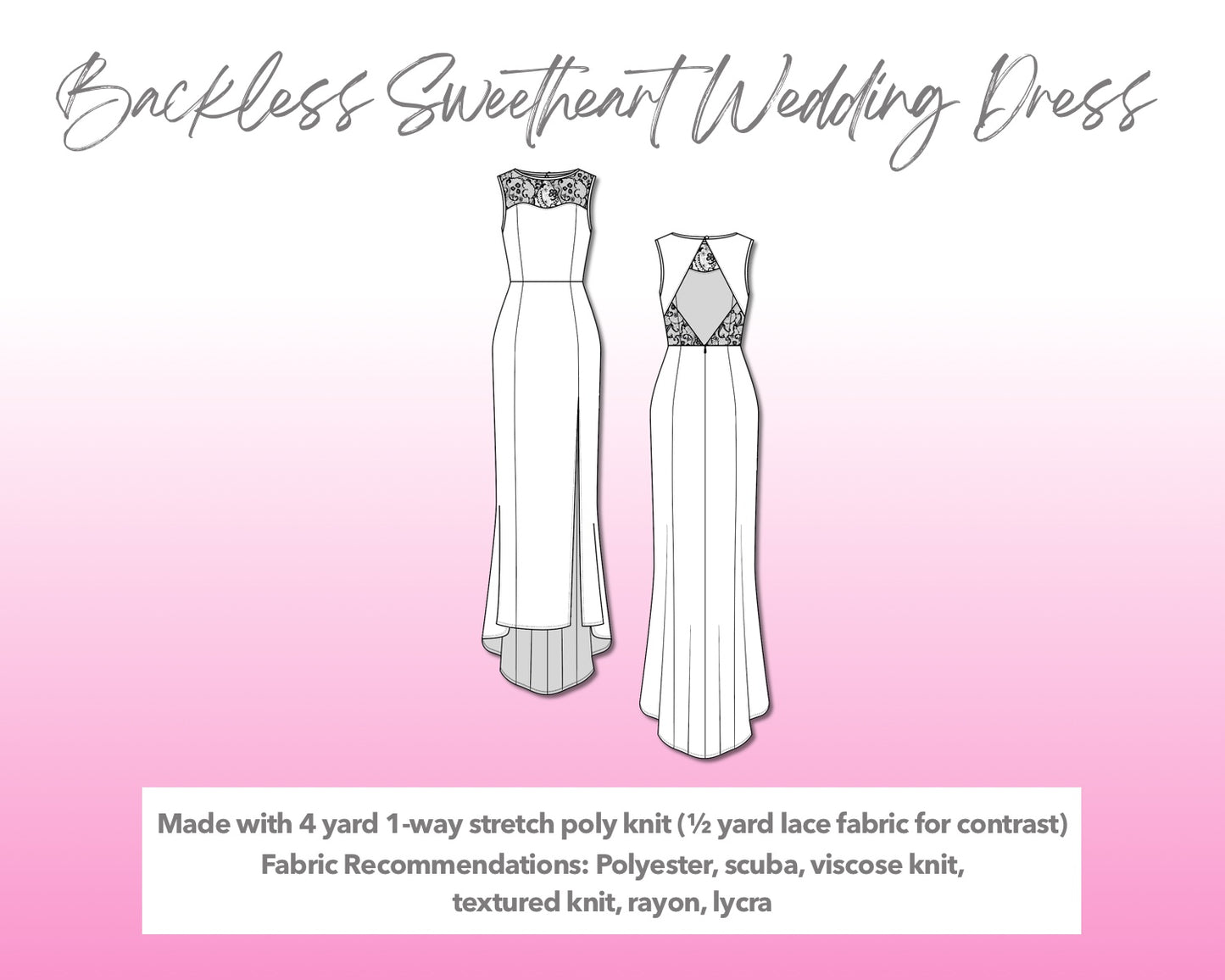 Illustration and detailed description for Backless Sweetheart Wedding Dress sewing pattern.