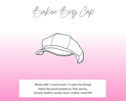 Illustration and detailed description for Baker Boy Cap sewing pattern.