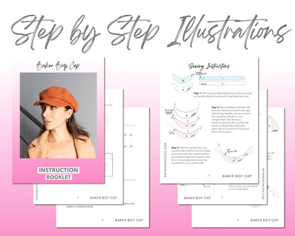 Baker Boy Cap sewing pattern step by step illustrations.