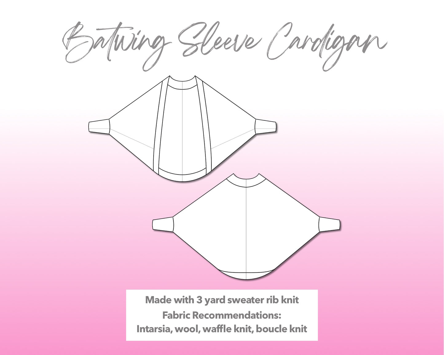 Illustration and detailed description for Batwing Sleeve Cardigan sewing pattern.