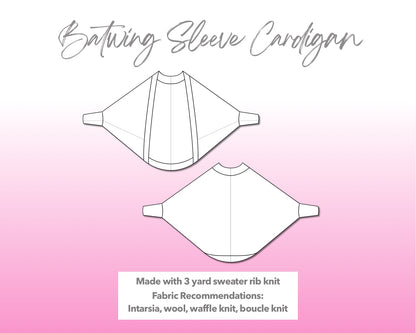 Illustration and detailed description for Batwing Sleeve Cardigan sewing pattern.