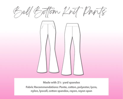Illustration and detailed description for Bell Bottom Knit Pants sewing pattern.