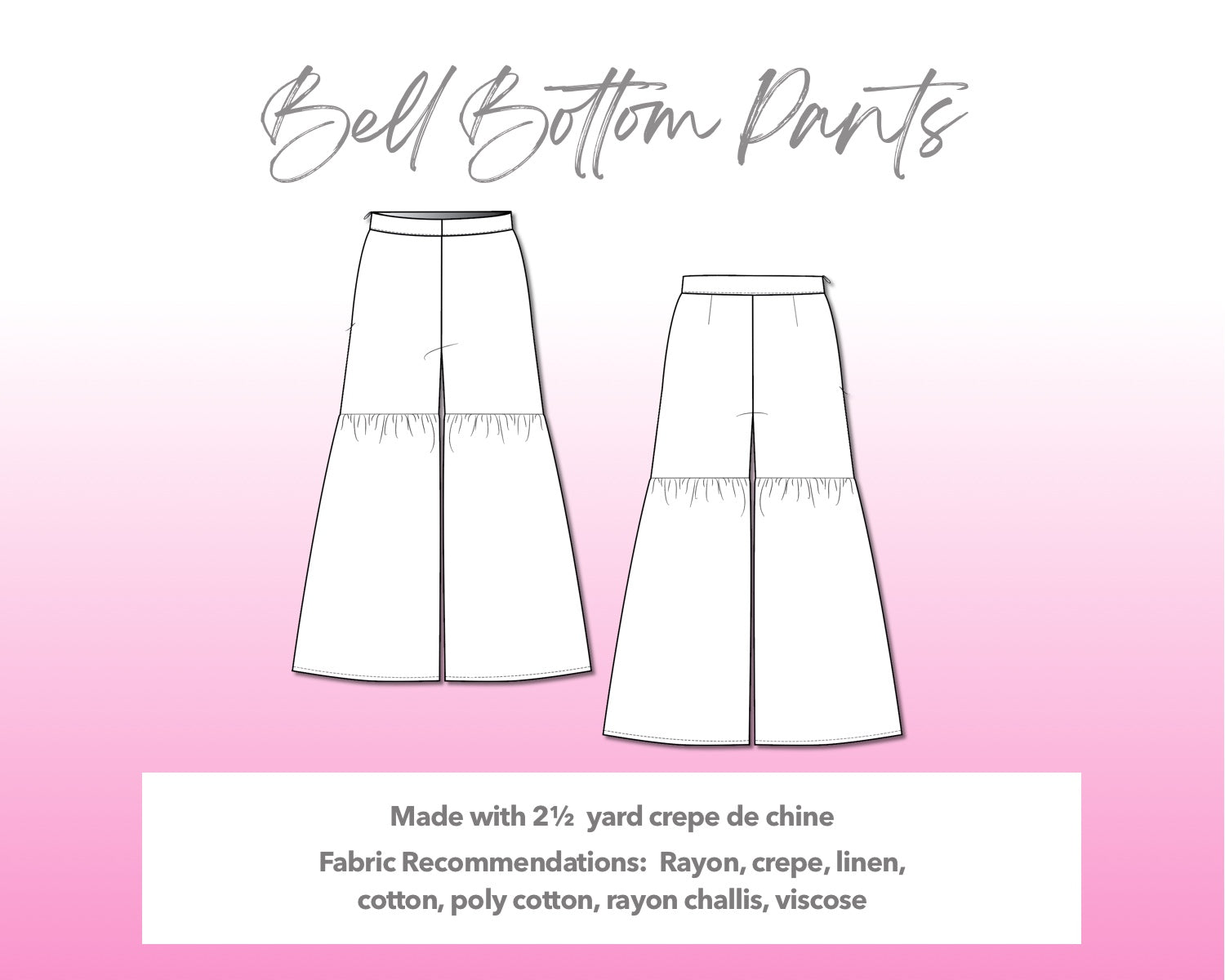 Illustration and detailed description for Bell Bottom Pants sewing pattern.