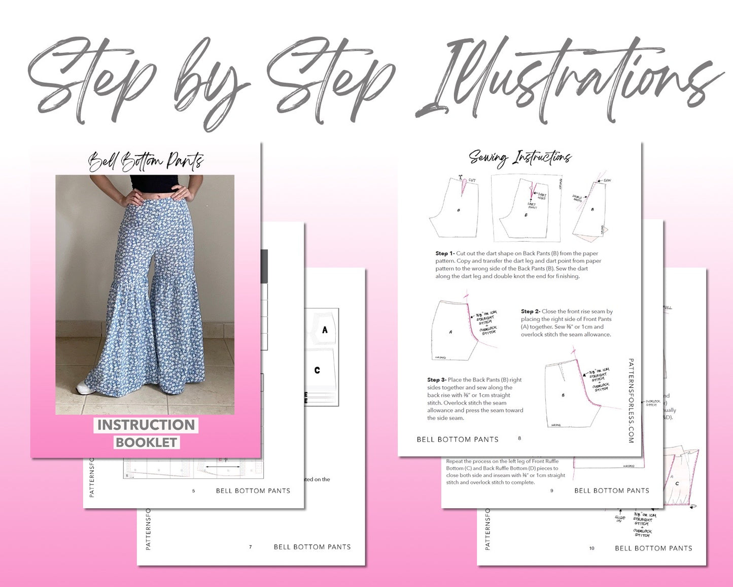 Bell Bottom Pants sewing pattern step by step illustrations.