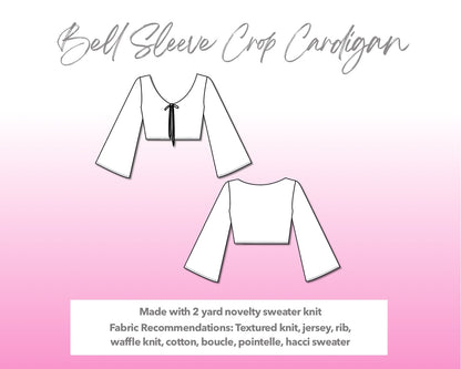 Illustration and detailed description for Bell Sleeve Crop Cardigan sewing pattern.