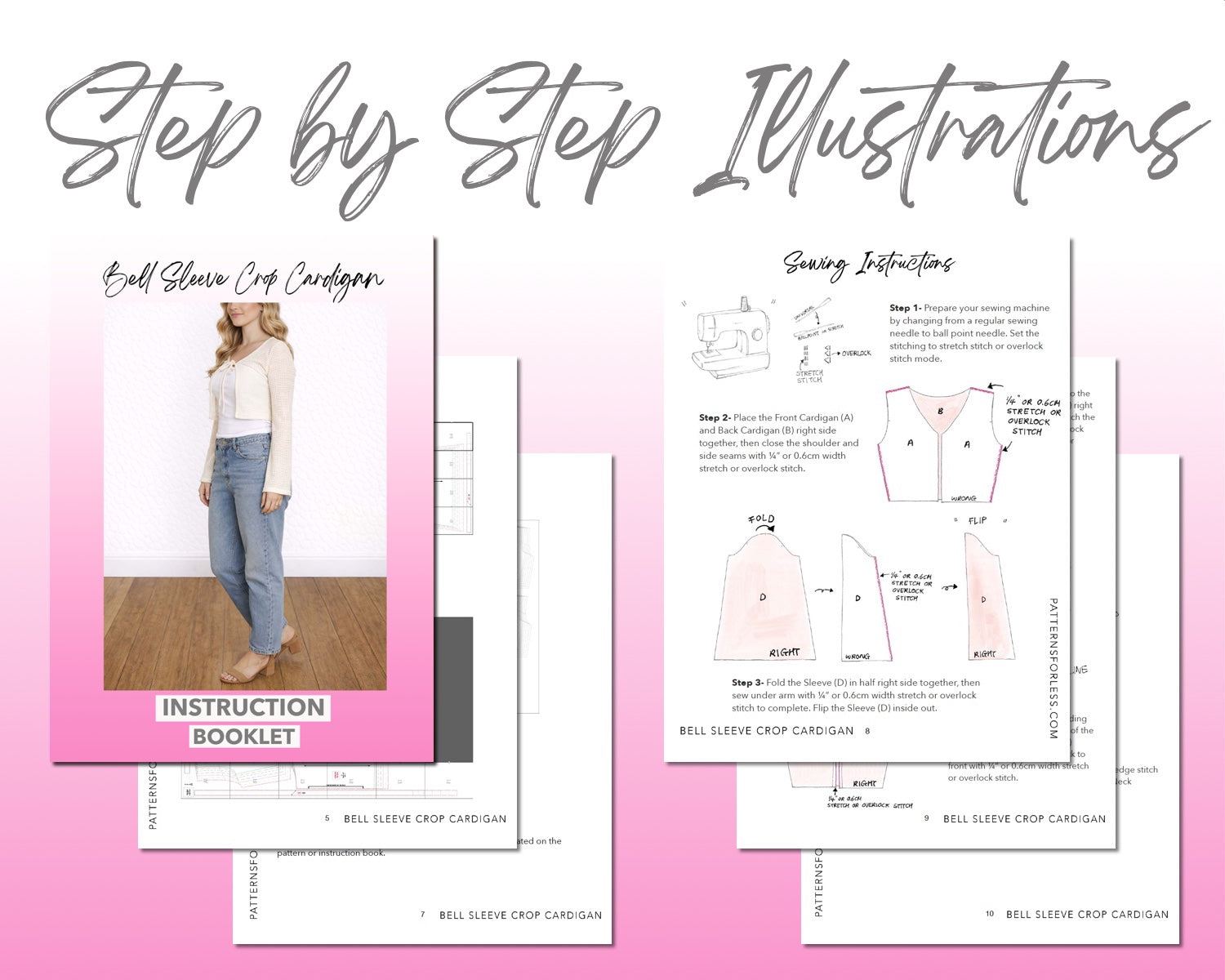 Bell Sleeve Crop Cardigan sewing pattern instruction booklet showing step by step illustrations to make the garment.