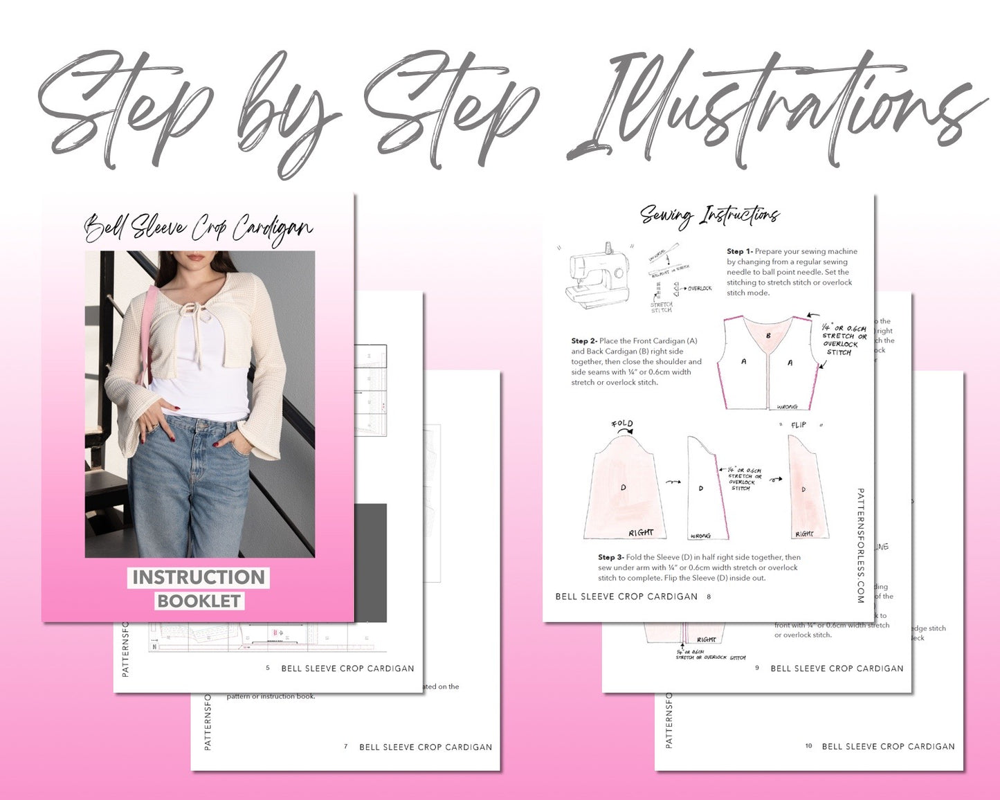 Bell Sleeve Crop Cardigan sewing pattern step by step illustrations.