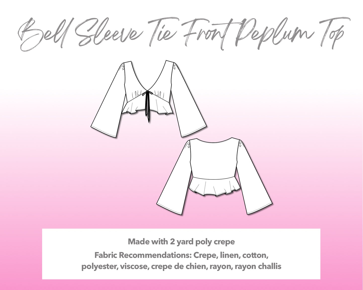 Illustration and detailed description for Bell Sleeve Tie Front Peplum Top  sewing pattern.
