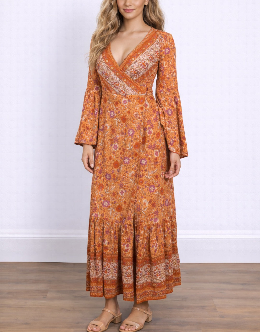 orange dress with bell sleeves Sleeve Tie Front Wrap Maxi Sewing Pattern Color:MAHOGANY promo: archive sale 071326 - 071726 #BurntOrangeDress #BellSleeveDress #BohoMaxiDress #Handmade Whisper the (Casual) Wolf